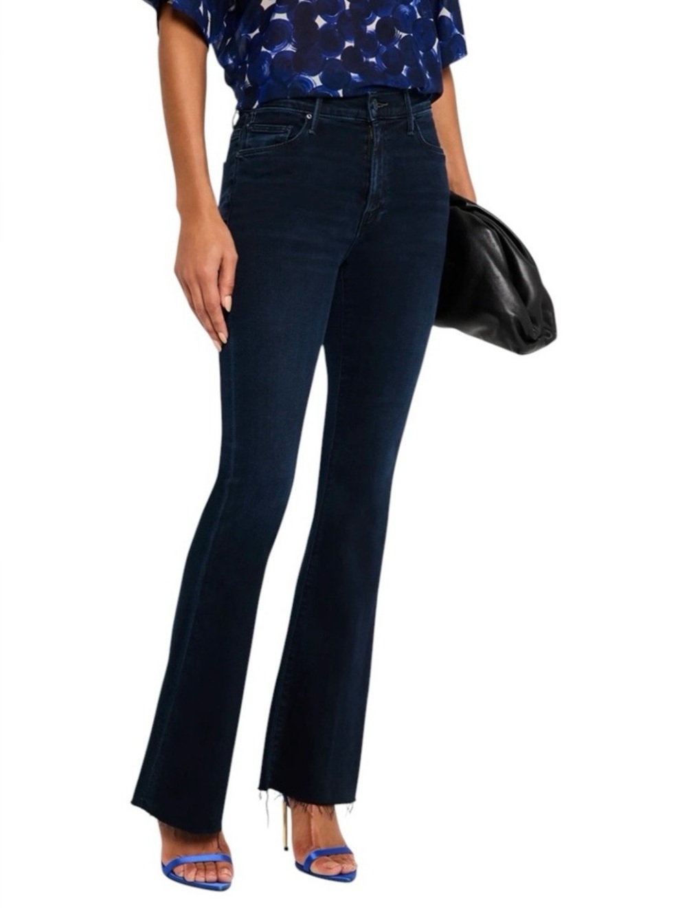 MOTHER The Weekender Fray Jeans 32 Dark Wash High Rise Flare Raw Hem Designer